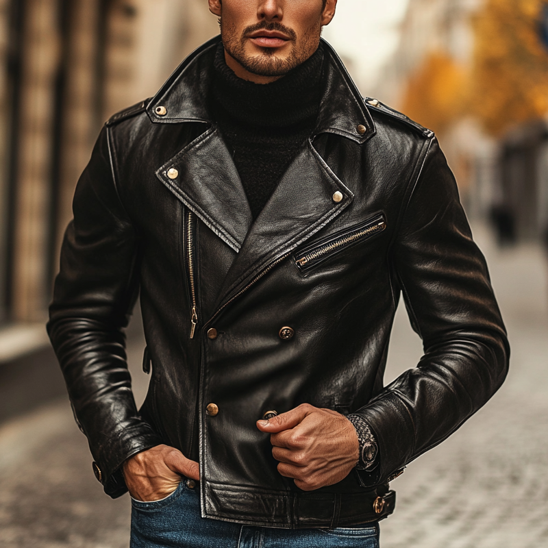 Men's Solid Color Lapel Double-breasted Motorcycle PU Leather Jacket MTA2612I3X