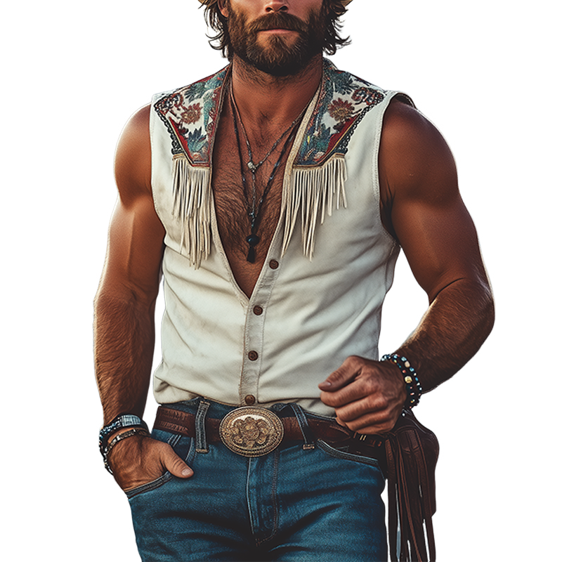 Men's Spring And Summer Fashion Retro Western Cowboy Style Thin Suede Metal Button Embroidery Tassel V-neck Sleeveless Shirt MTA1521E8K