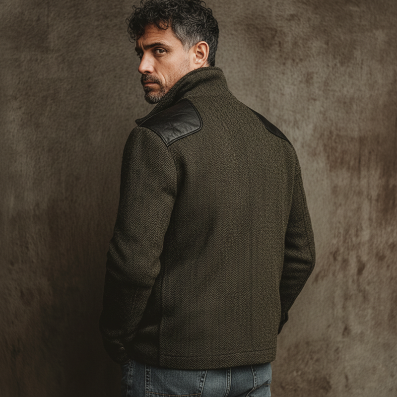 Men's Classic Stand-collar Herringbone Pattern Faux Wool And PU Leather Jacket MTA2000K1U