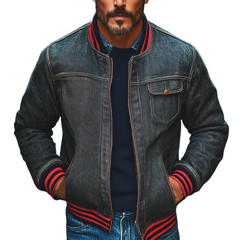Men's Retro Baseball Collar Washed Denim Zip-Up Jacket MTA2870J1X
