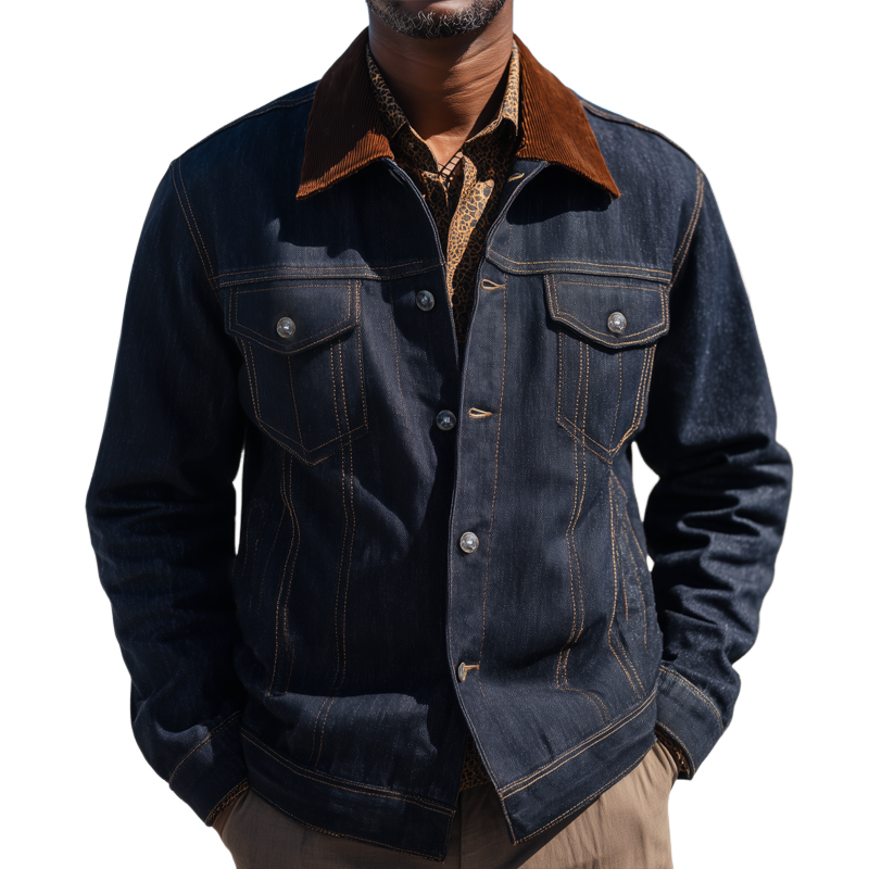 Men's Vintage Denim Patchwork Corduroy Collar Jacket MTA0966I5U