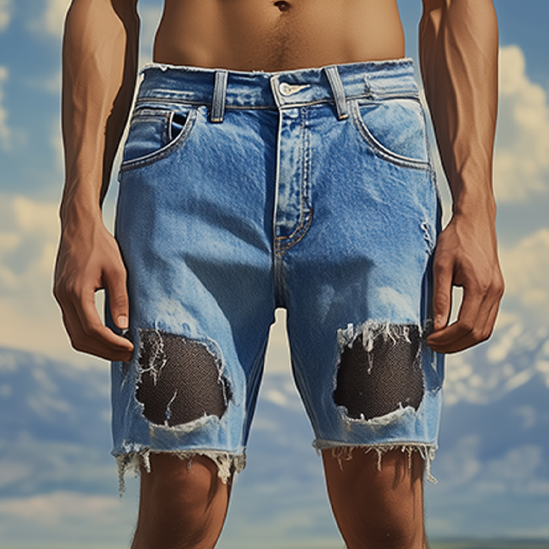 Men's Spring And Summer Fashion Casual Denim Washed Splicing Mesh Fabric Raw Edge Shorts MTA2722F1K