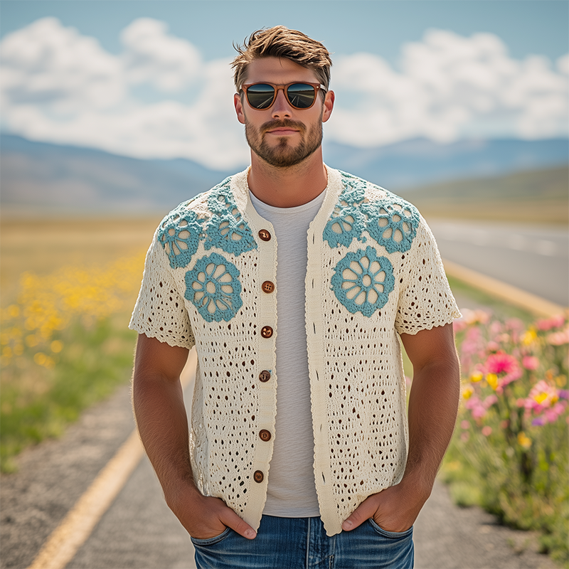 Men's Summer Fashion Casual Hollow Crochet Flower Knitted Short Sleeve Shirt MTA2768F3K