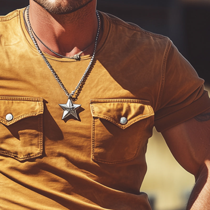 Herre sommer-T-skjorte i western-cowboystil med rund hals og doble lommer MTA2975E2U