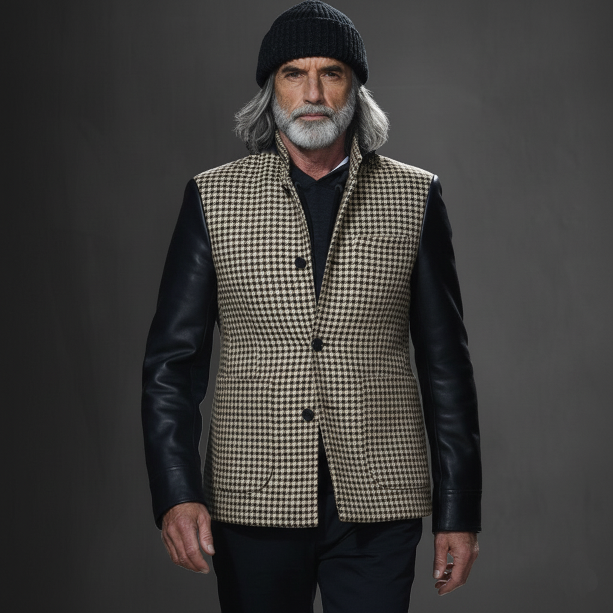 Men's Classic Retro Sleeves Stitching PU Leather Stand Collar Faux Houndstooth Woolen Jacket MTA2850I6K