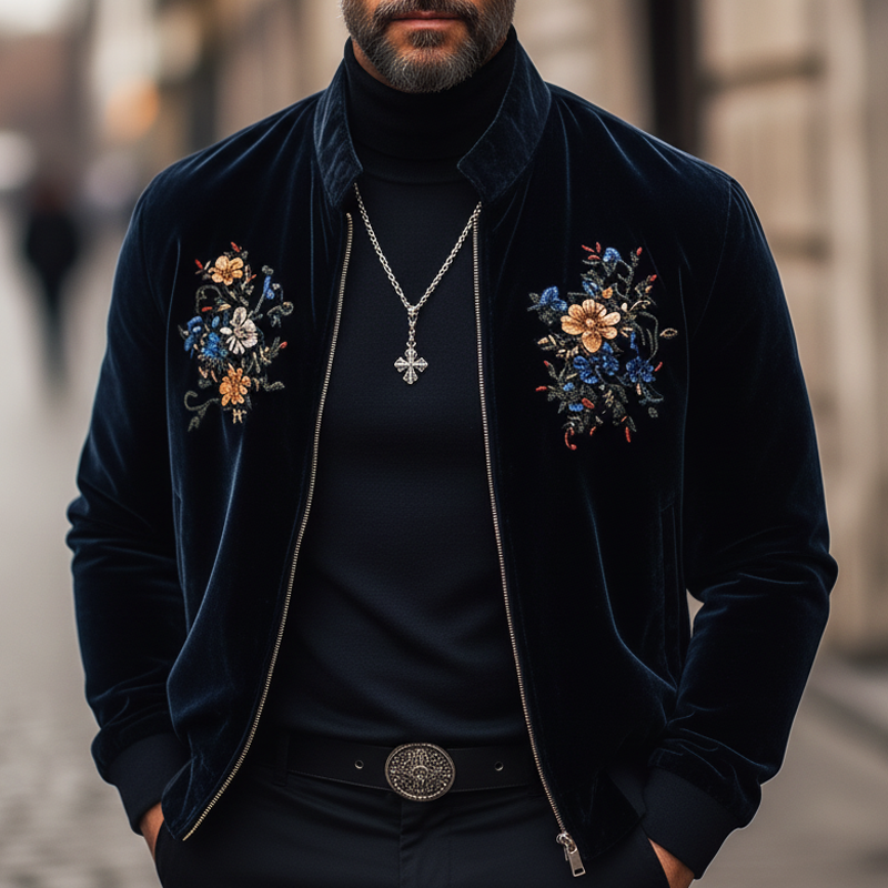Men's Retro Navy Blue Floral Embroidered Stand Collar Velvet Jacket MTA0869L0U