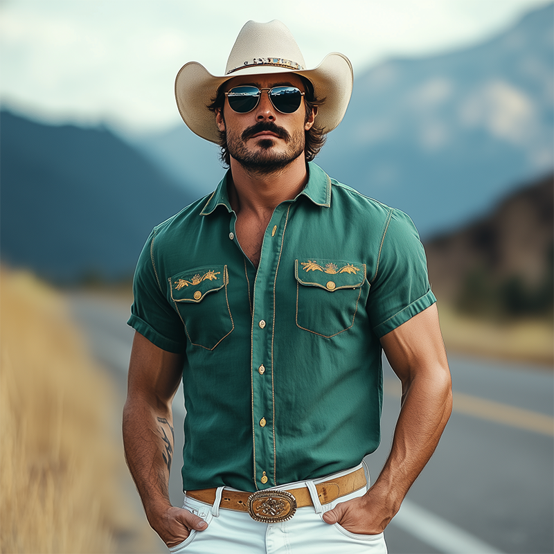 Men's Casual American Western Tough Style Cotton Blend Embroidered Slim Short Sleeve Shirt MTA1639F7K