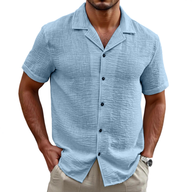 Men's Holiday Casual Cotton And Linen Solid Color Short-sleeved Shirt MTA1635G4X