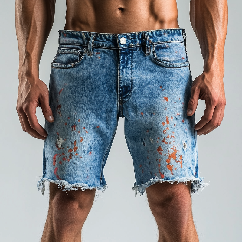 Men's Spring And Summer Fashion Casual Washed Denim Colorful Ink-splashed Hem Shorts MTA2353F5K