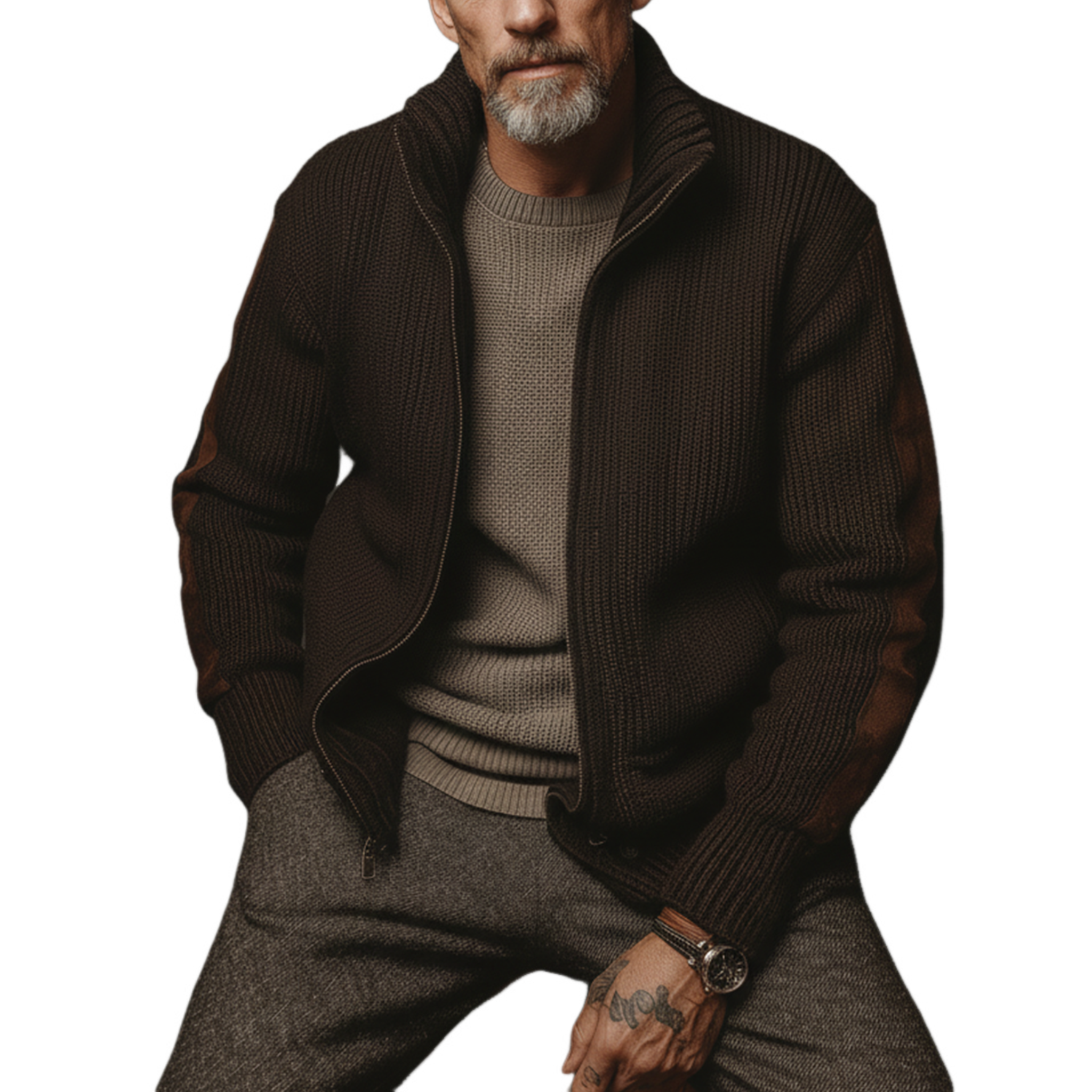 Men's Classic Casual Sleeve Paneled Faux Suede Stand Collar Zippered Knit Cardigan MTA0907J5K
