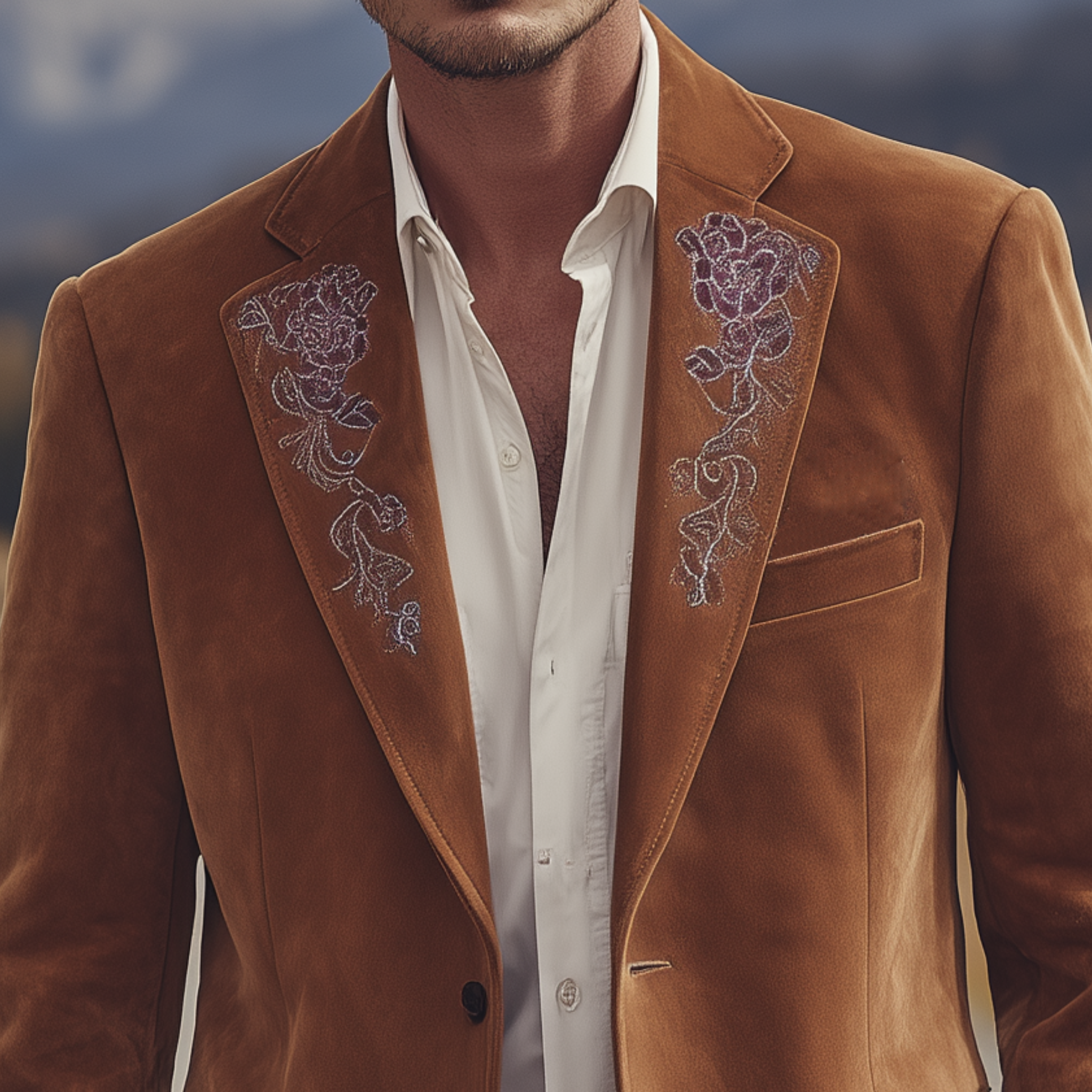 Men's Classic Retro Western Style Suede Collar And Cuff Embroidery Single-breasted Blazer MTA2841H1K