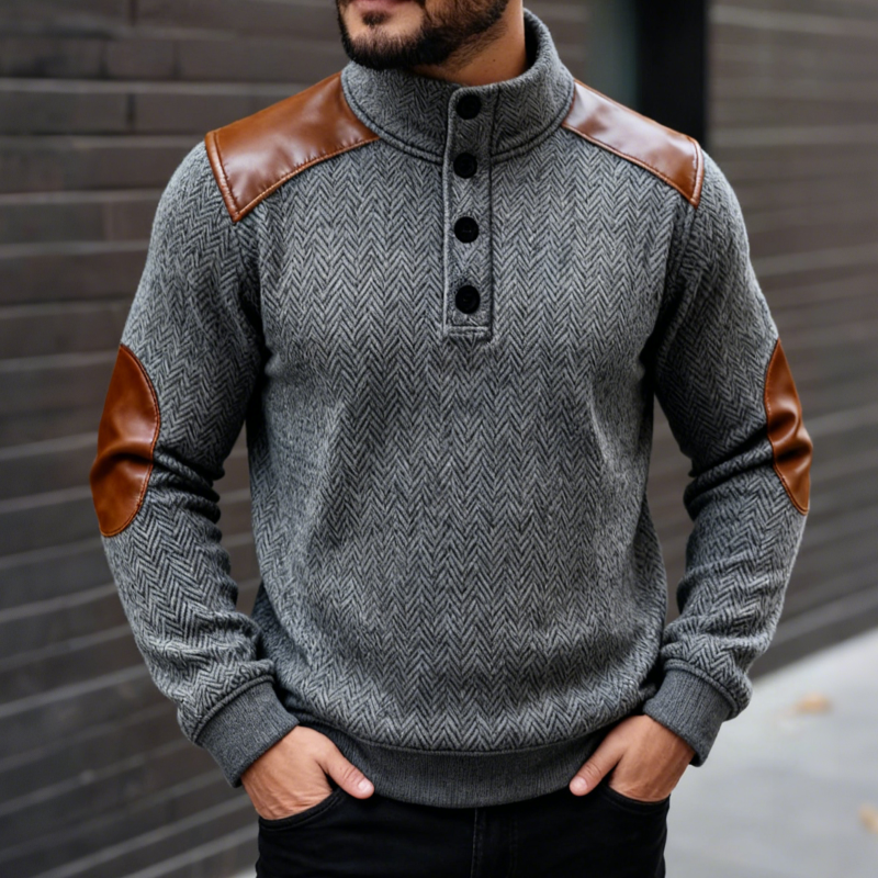 Men's Retro Casual Herringbone Patchwork PU Stand Collar Sweatshirt MTA0608K8TO