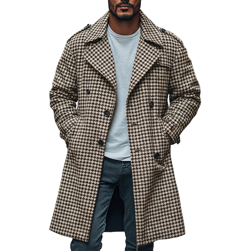Men's Retro Houndstooth Jacquard Lapel Mid-Length Trench Coat MTA1196J0X