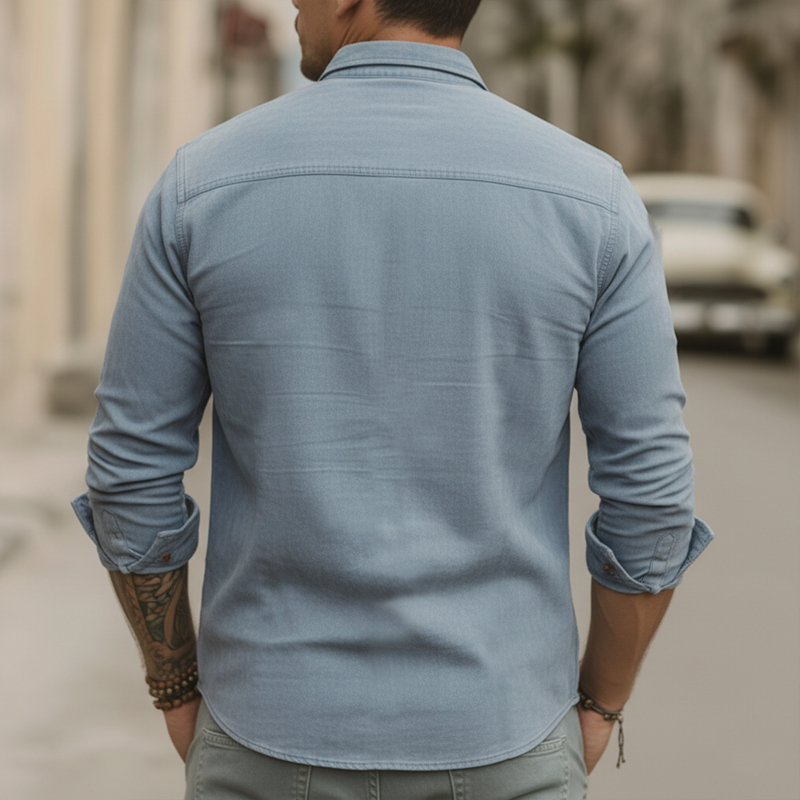 Men's Retro Light Blue Faux Suede Floral Embroidered Long-Sleeved Shirt MTZ2176A1U