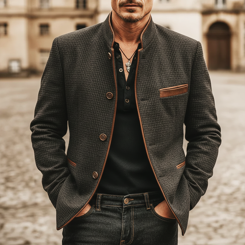 Men's Business Corduroy Plaid Textured Stand Collar Button Jacket MTA1404K0U