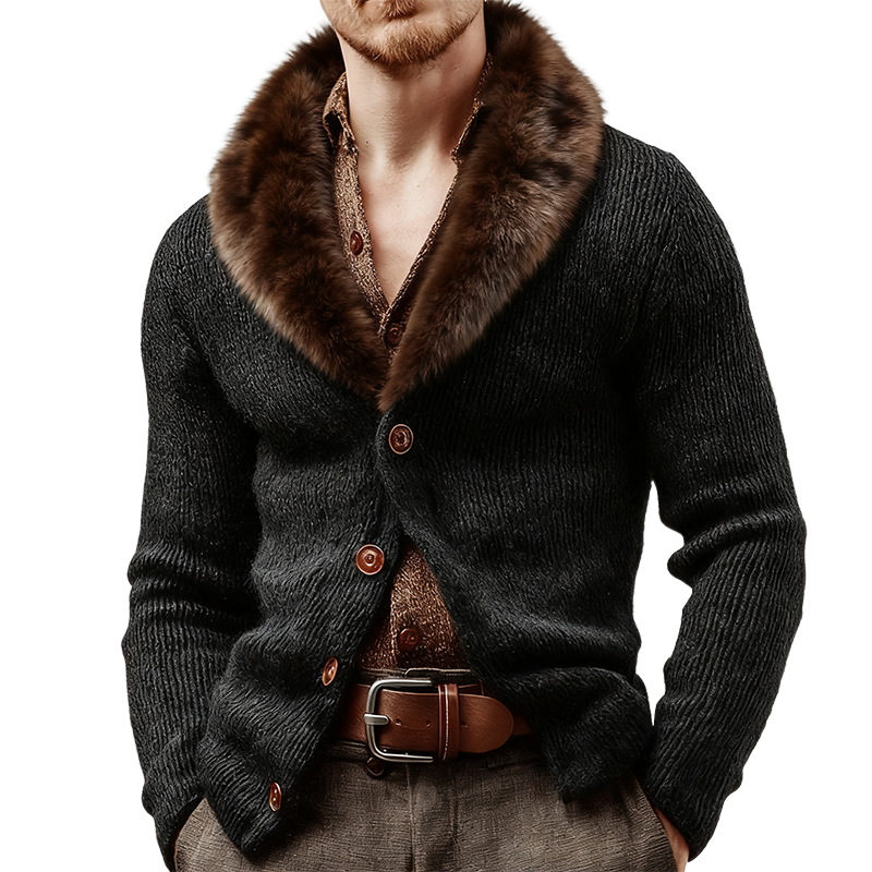 Men's Retro Casual Knitted Patchwork Fur Collar Button Cardigan MTA0103K9TO