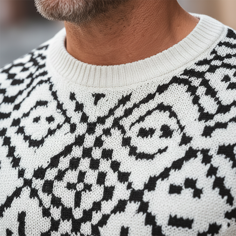 Men's Retro Simple Knitted Jacquard Cotton Yarn Crew Neck Sweater MTA3098J3P