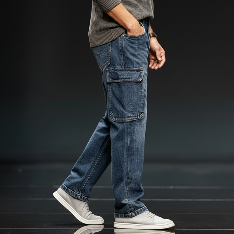 Men's Classic Straight-leg Dark Blue Multi-pocket Jeans MTA2493J3U