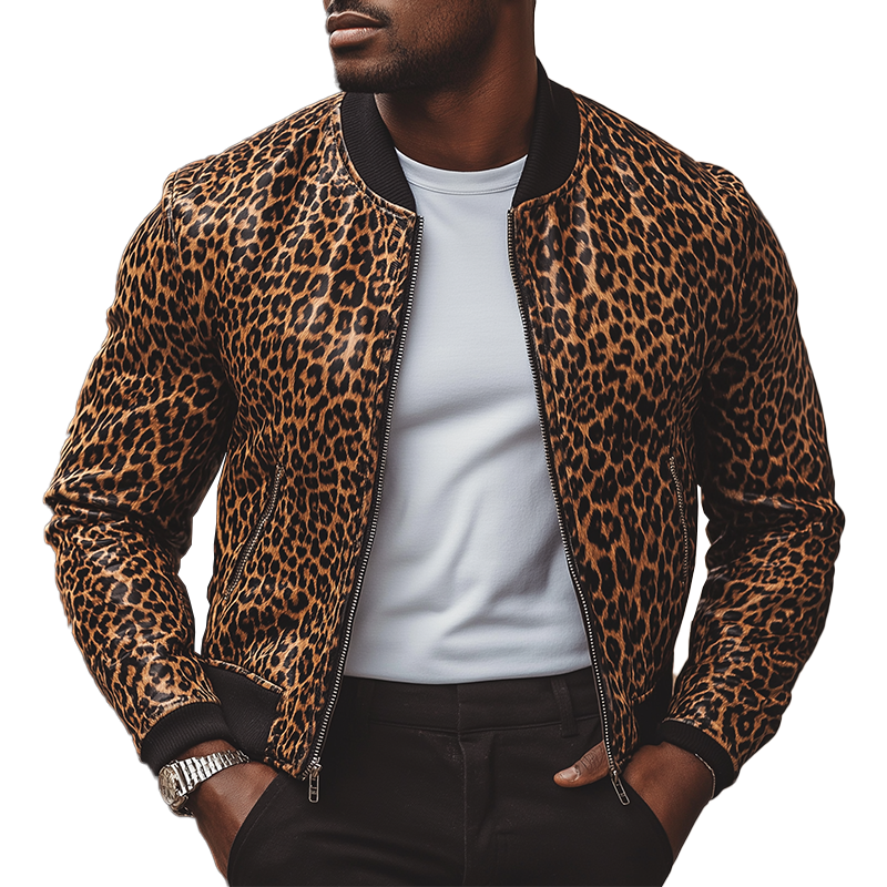 Men's Winter Retro Leopard Print Faux Leather Zip-Up Jacket MTA1053L7P