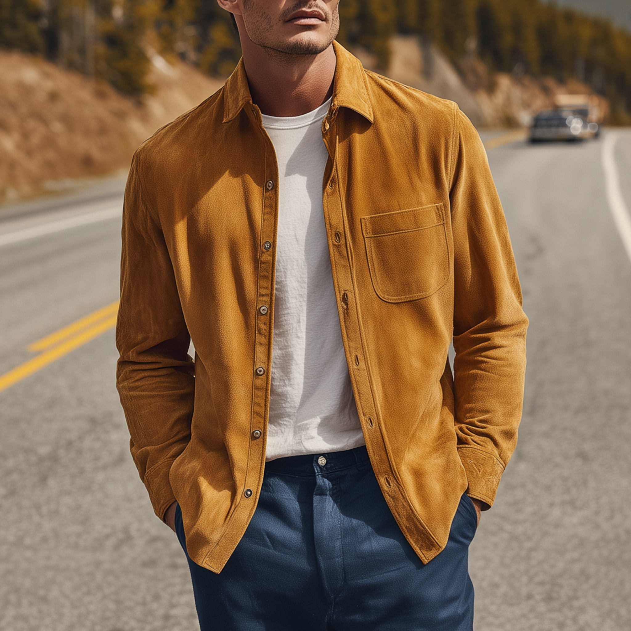 Men's Classic Casual Solid Color Thin Suede Long-sleeved Shirt MTA0188H7K