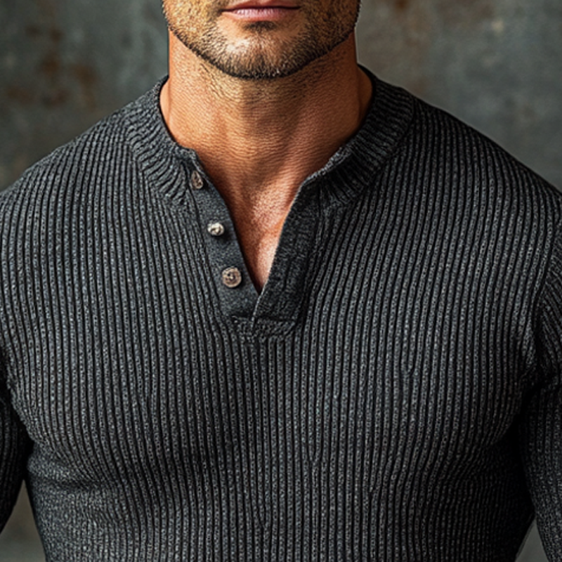 Men's Solid Color Knitted Button-down Crew Neck Pullover Sweater MTA2005K0X