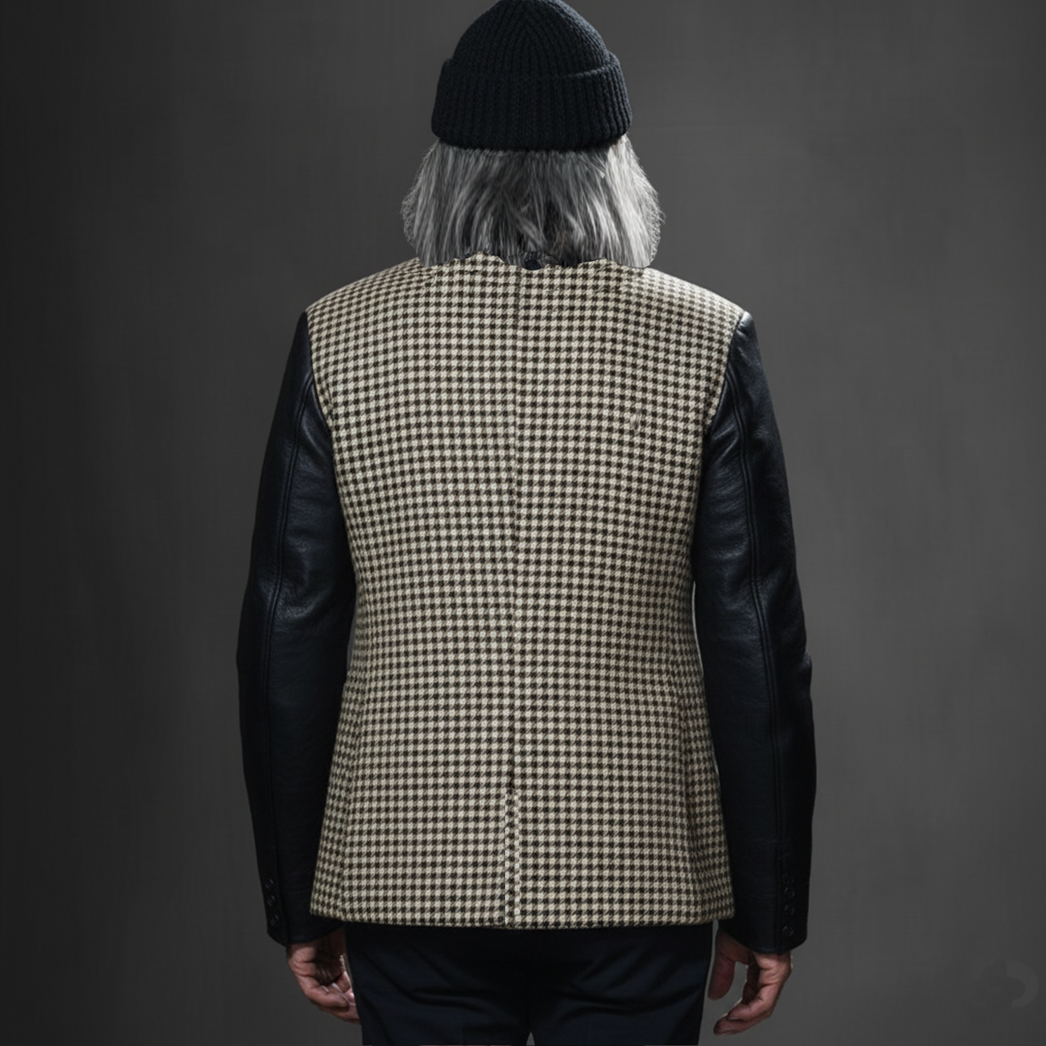 Men's Classic Retro Sleeves Stitching PU Leather Stand Collar Faux Houndstooth Woolen Jacket MTA2850I6K