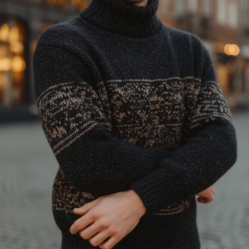 Men's Winter Fashion Knitted Jacquard Cotton Turtleneck Sweater MTA2217J1P
