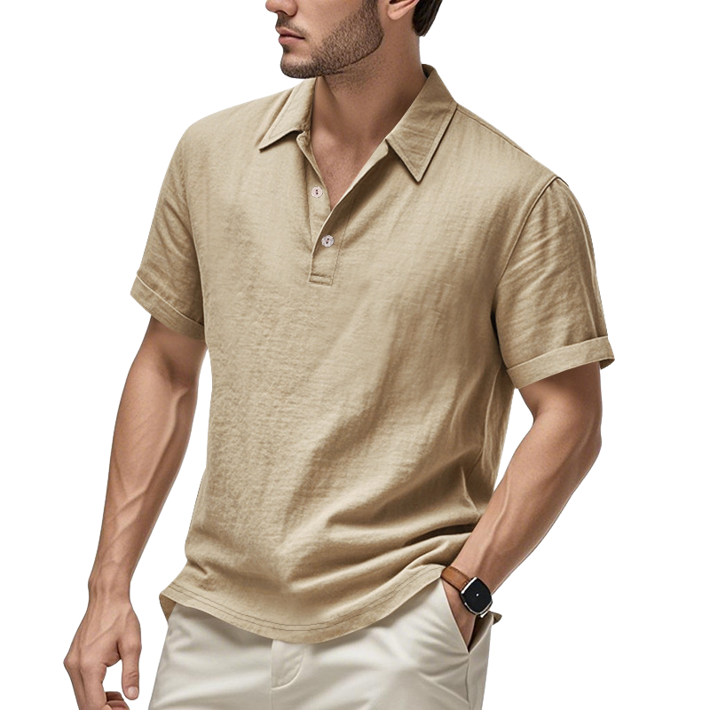 Men's Casual Cotton Linen Lapel Loose Short Sleeve Polo Shirt MTA2957D2M