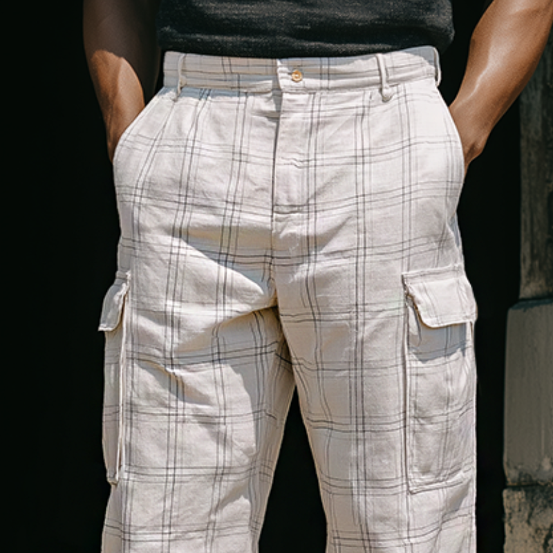 Men's Retro Casual Plaid Print Pocket Pants MTA3150G7TO