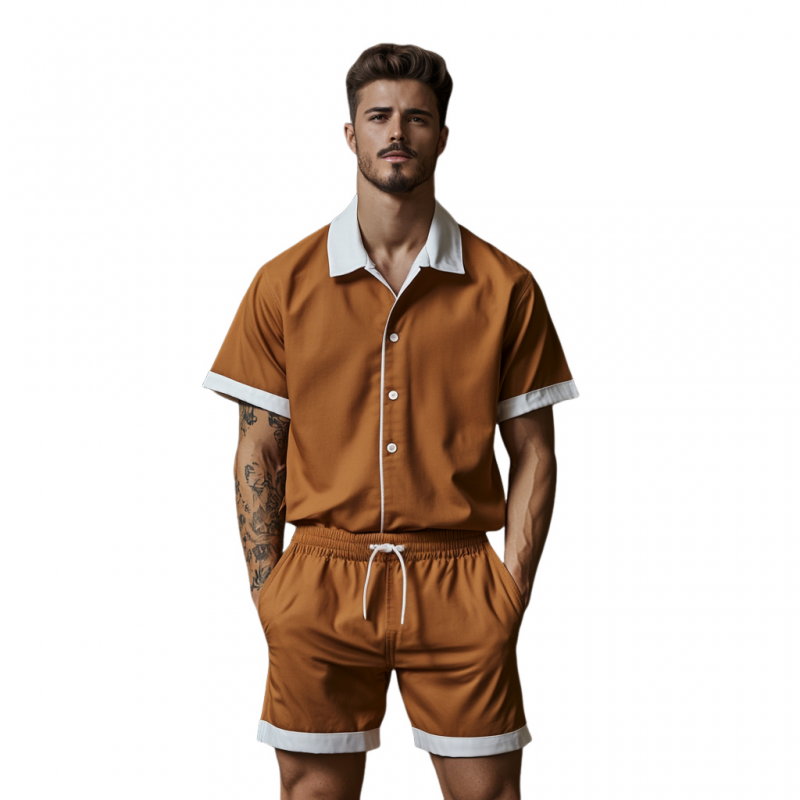 Men's Casual Cotton Blended Colorblock Lapel Loose Short Sleeve Shirt Elastic Waist Shorts Set MTA2649E6M