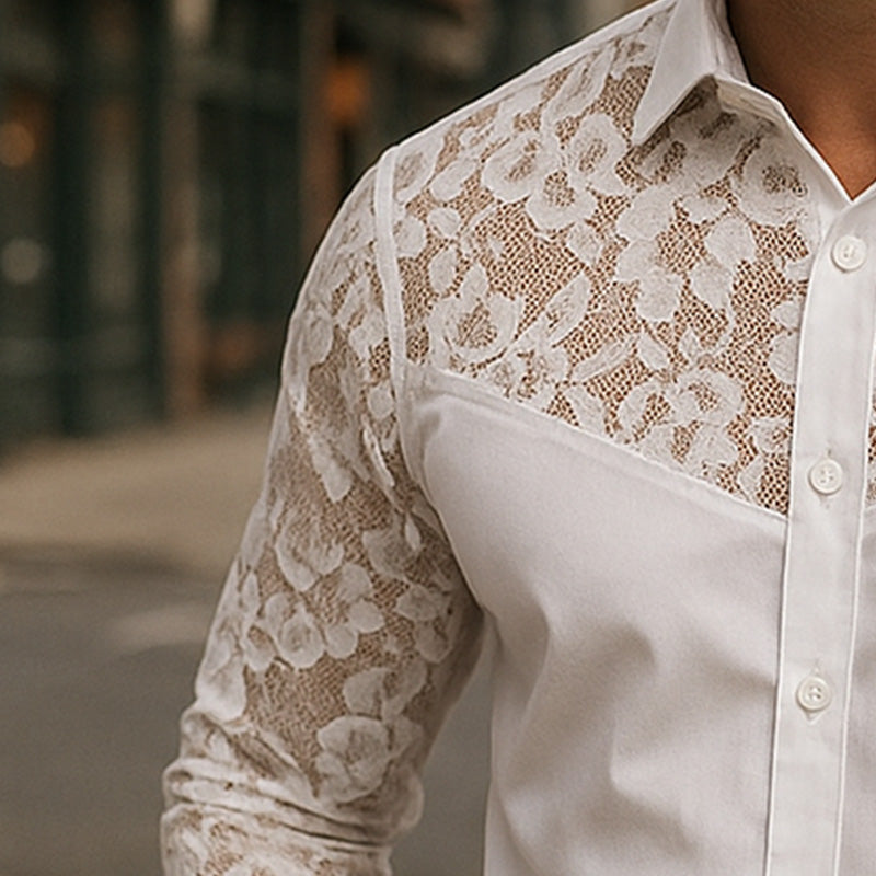 Men's Summer Elegant Simple Lace Patchwork Long Sleeve Shirt MTA2361E9P
