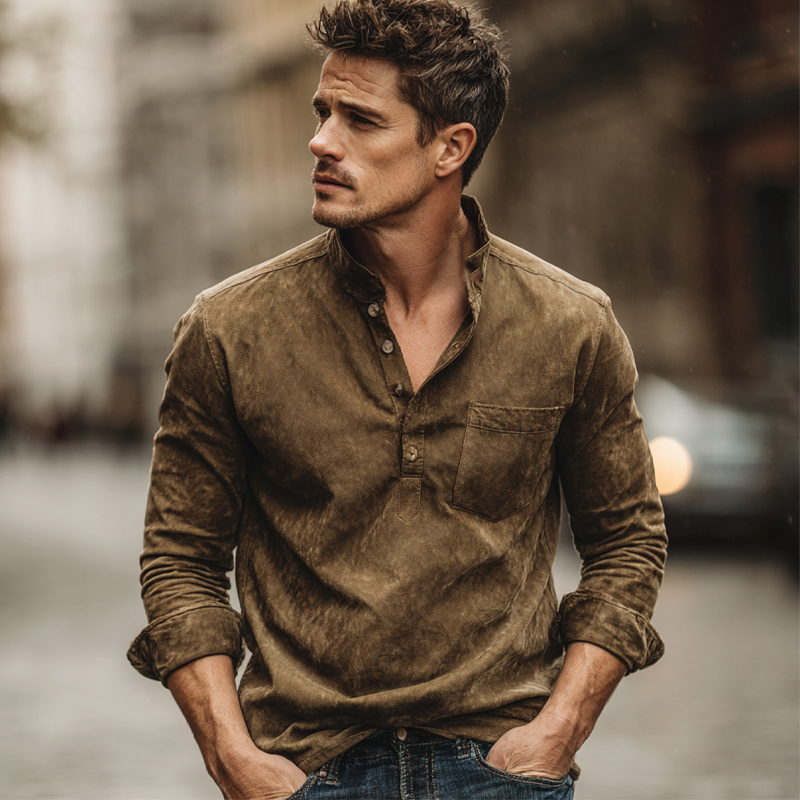 Men's Retro Stand Collar Pullover Long Sleeve Shirt MTA0744H7X