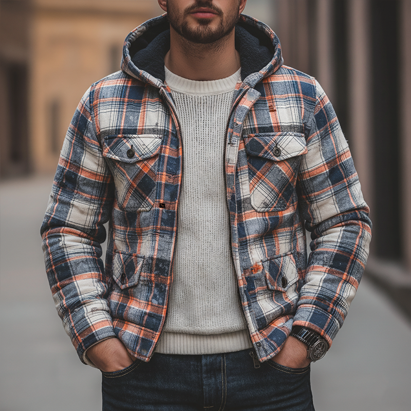 Men's Winter Retro Distressed Plaid Hooded Warm Jacket MTA1062K4P