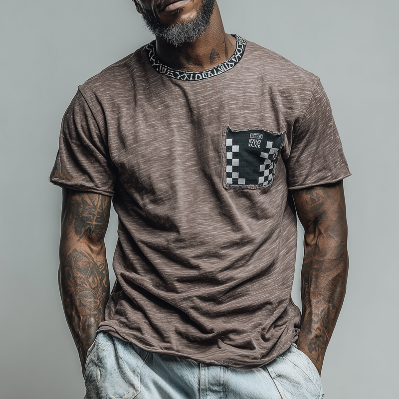 Men's Loose Round Neck Plaid Short Sleeve T-Shirt MTA1940F8X