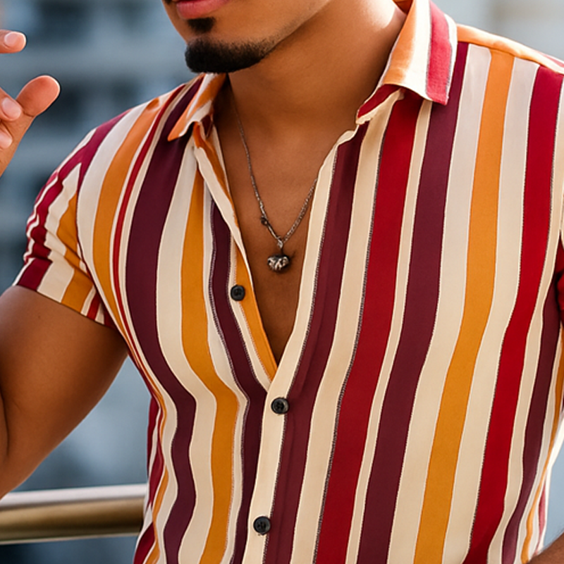 Men's Summer Classic Color Vertical Striped Short Sleeve Shirt MTA0545F3U