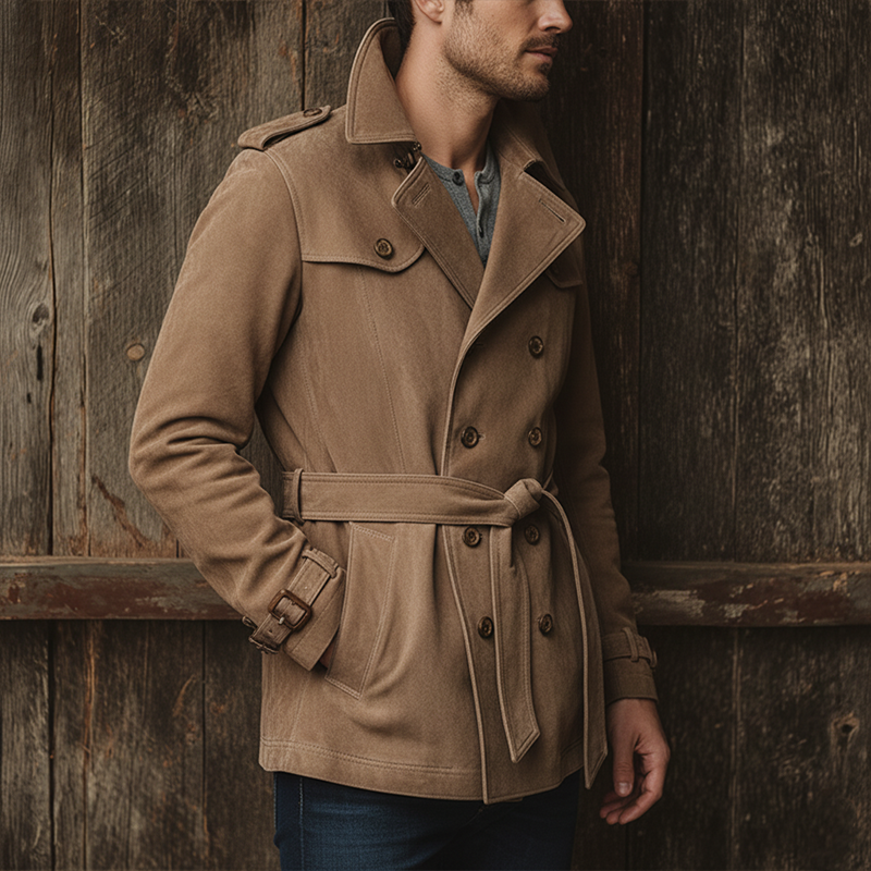 Men's Winter Vintage Double-Breasted Faux Suede Jacket (Includes Belt) MTA1488J0P