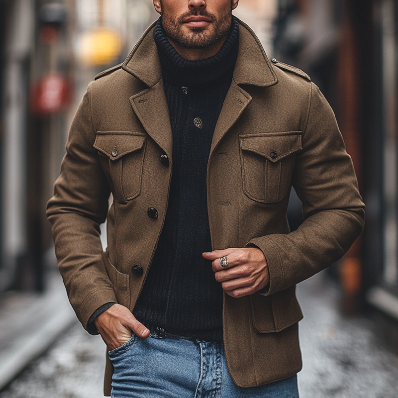 Men's Solid Color Faux Wool Blend Lapel Multi-Pocket Jacket MTA2816I5X