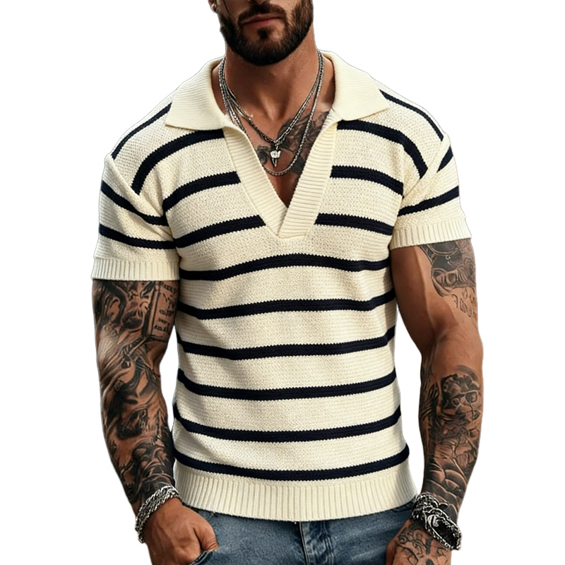Men's Retro Casual Striped Knitted Polo Shirt MTZ2769A9TO