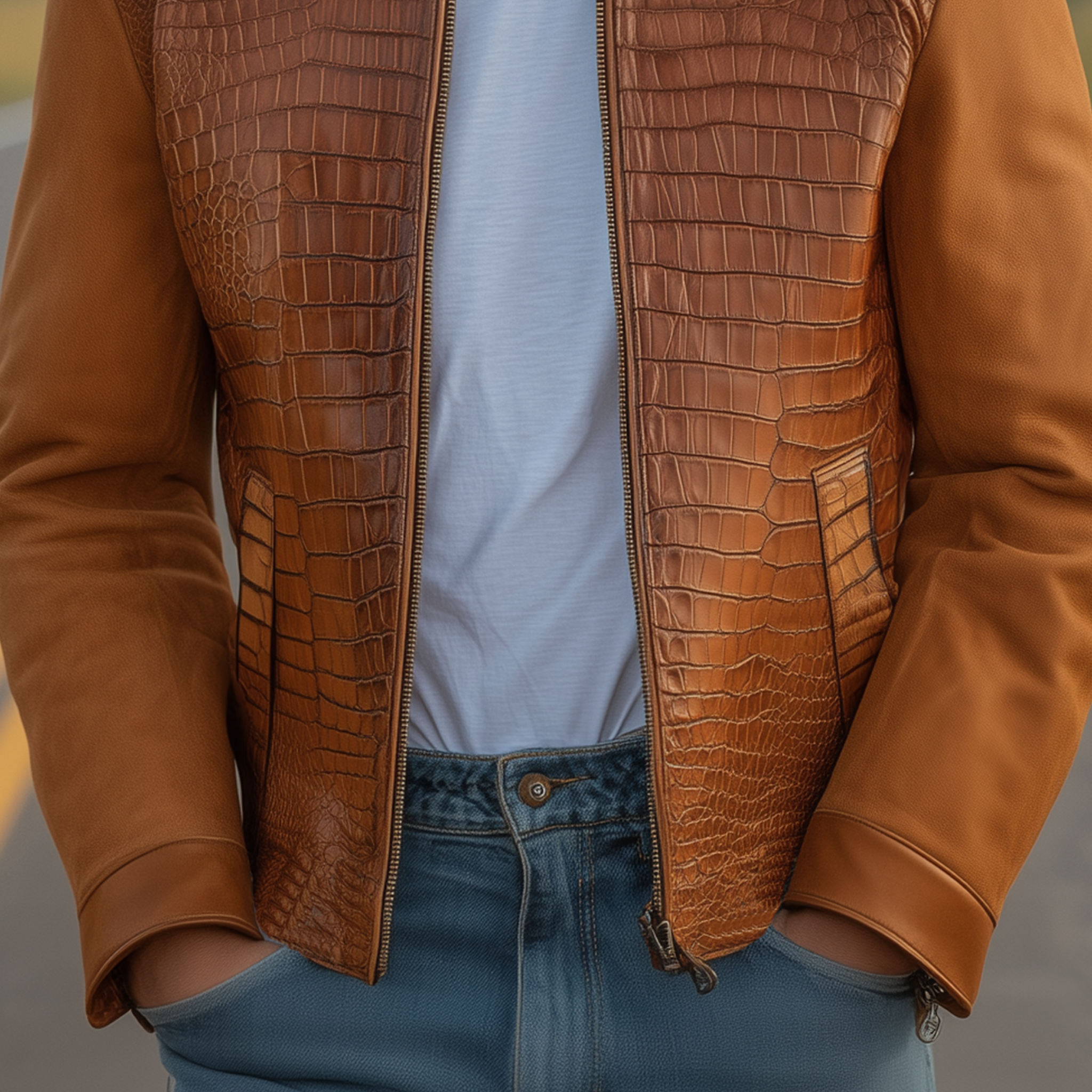 Men's Classic Retro Western Cowboy Style Stand Collar Textured Leather And Suede Zipper Jacket MTA0539H0K