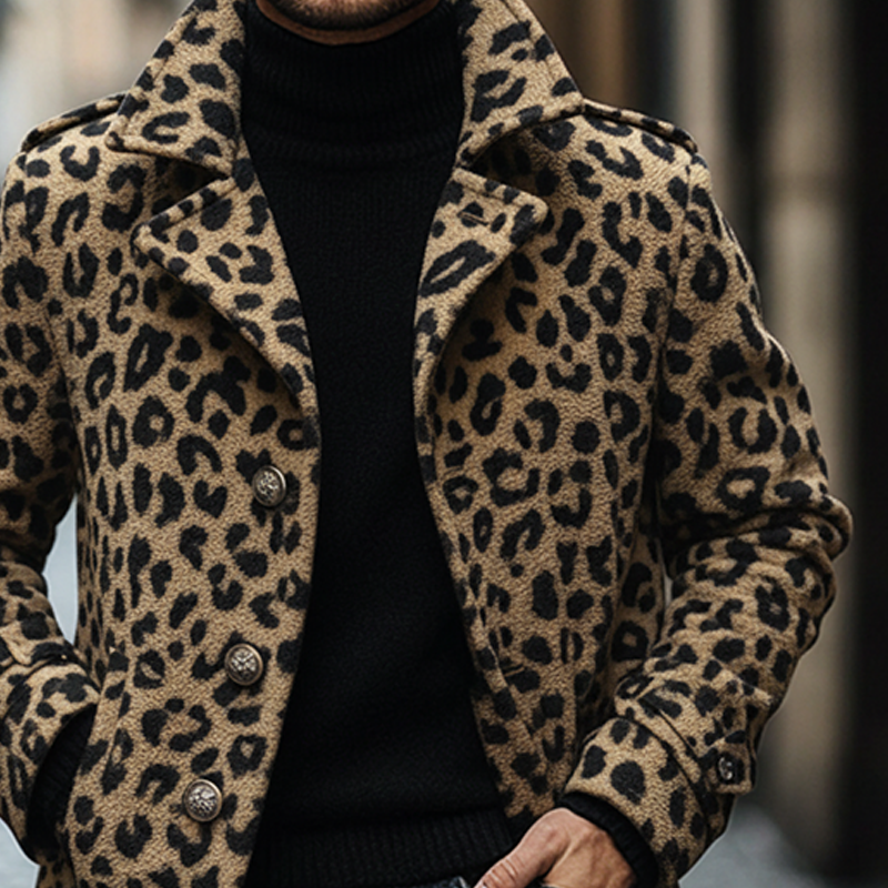 Men's Vintage Leopard Print Polar Fleece Lapel Mid-Length Coat MTA1382J8X