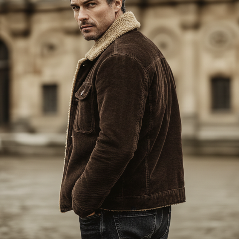 Men's Classic Coffee Corduroy Shearling Lined Button-Up Jacket MTA0547K4U