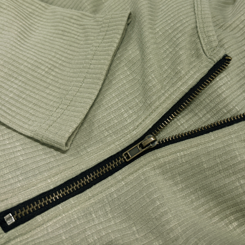 Men's Urban Light Green Zip-neck High-stretch Slim-fit Ribbed Knit Long-sleeved T-shirt MTZ2159A8U