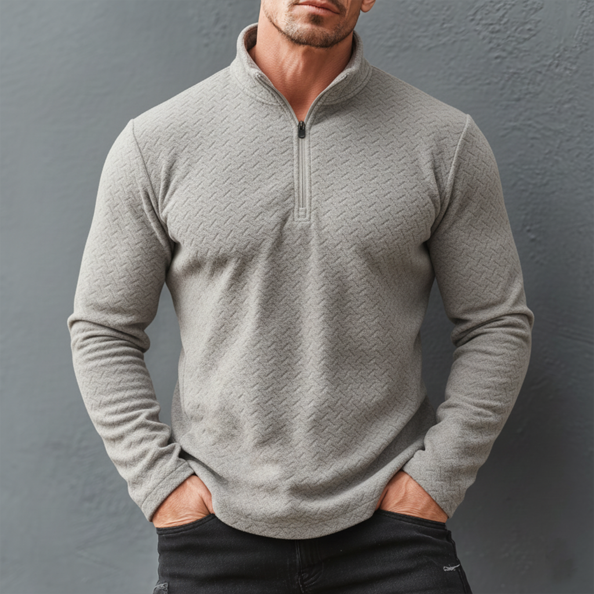 Men's Classic Stand Collar Zipper Textured Dralon Slim Fit Sweatshirt MTA2422J7K