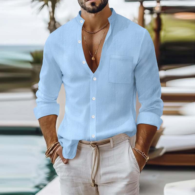 Men's Casual Breathable Solid Color Cotton Linen Stand-up Collar Patch Pocket Slim Fit Long Sleeve Shirt MTA0781G1M