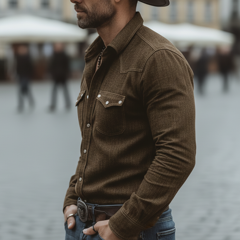 Men's Vintage Slightly Stretchy Denim Long-sleeved Shirt MTZ0902A0U