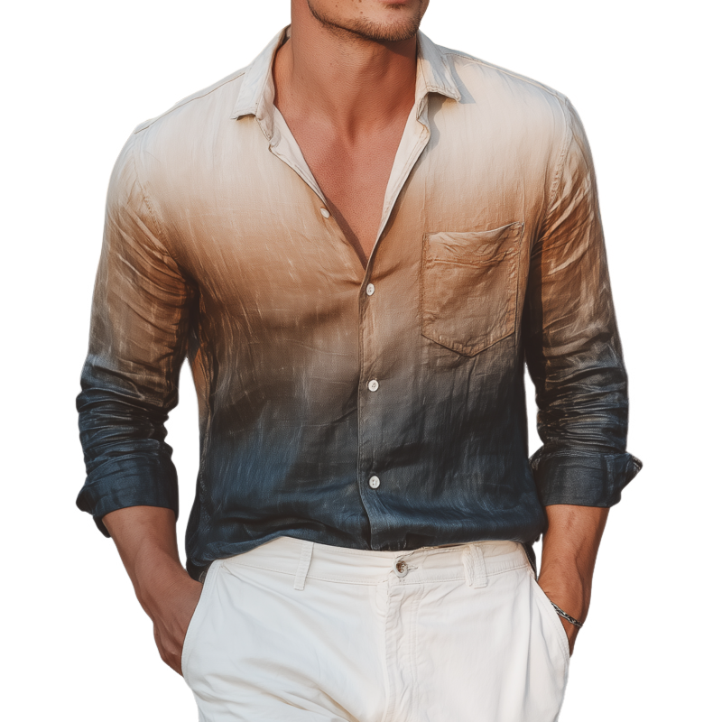 Men's Casual Breathable Gradient Print Lapel Patch Pocket Slim Fit Long Sleeve Shirt MTA1168G0M