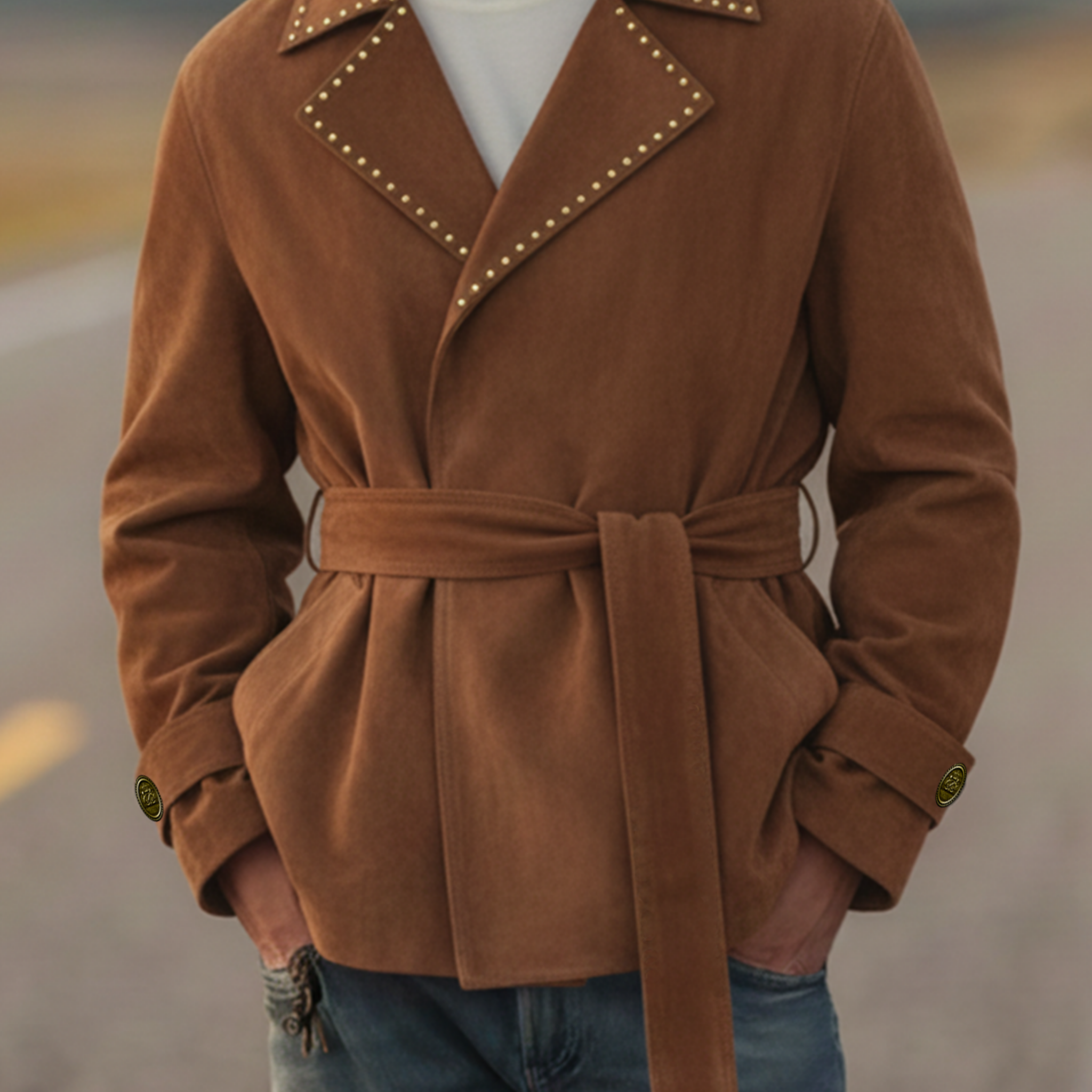 Men's Classic Retro Western Style Lapel Studded Belted Faux Suede Jacket MTA1178K5K