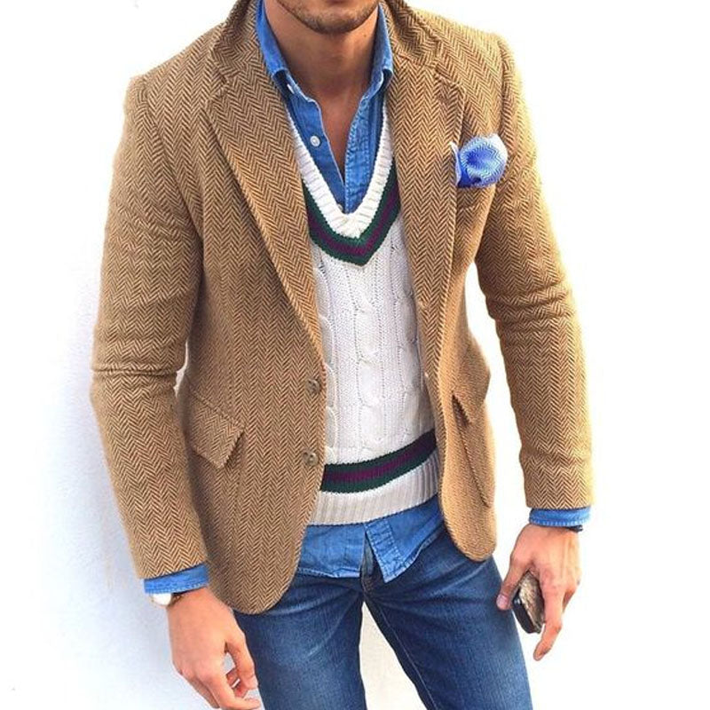 【24-Stunden-Versand】 Herren-Blazer im Vintage-Stil mit Fischgrätenmuster und einreihigem Revers 84719153M