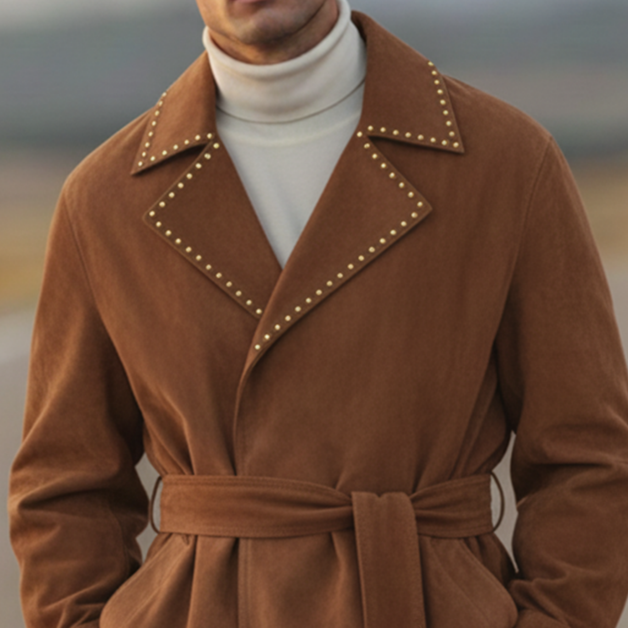 Men's Classic Retro Western Style Lapel Studded Belted Faux Suede Jacket MTA1178K5K