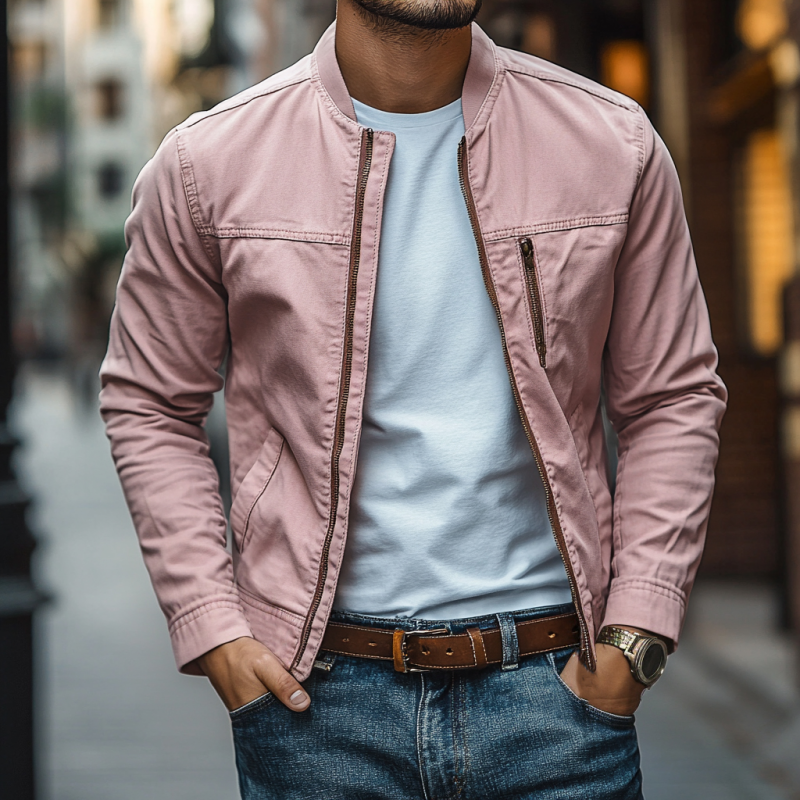 Men's Casual Cotton Washed Stand Collar Zipper Placket Slim Fit Baseball Jacket MTA2557D3M